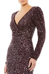 Mac Duggal_Brown Polyester Embellished Sequins V Neck Mahogany Puff Sleeve Gown _Online_at_Aza_Fashions