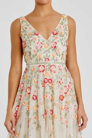 Mac Duggal_Ivory Polyester Sequins, Beads V-neck Floral Embroidered Midi Dress _Online_at_Aza_Fashions