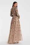 Shop_Mac Duggal_Beige Polyester Sequins, Beads Round Neck Antique Floral Embellished Gown _at_Aza_Fashions