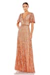 Buy_Mac Duggal_Peach Polyester Sequins V-neck Geometric Gown _at_Aza_Fashions