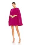 Buy_Mac Duggal_Fuchsia Polyester Plain Round Neck Cape Ruffle Short Dress _at_Aza_Fashions