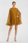 Buy_Mac Duggal_Gold Polyester Ruffles Round Neck Antique Cape Dress _at_Aza_Fashions