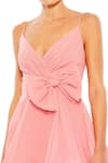 Mac Duggal_Pink Polyester Bows V-neck Rose Applique Fit And Flare Dress _Online_at_Aza_Fashions