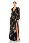 Mac Duggal_Black Polyester V-neck Floral Garden Print Gown _Online_at_Aza_Fashions