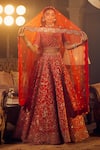 Buy_Azeera_Red Embroidered Floral Leaf Marigold Bridal Lehenga Set _at_Aza_Fashions