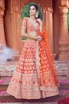 Buy_Azeera_Orange Silk Blend Embroidered Floral Broad Leaf Neck Zardozi Bridal Lehenga Set _at_Aza_Fashions