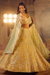 Buy_Azeera_Yellow Embroidered Floral Vines Glass Neck Mukesh Lehenga Set _at_Aza_Fashions