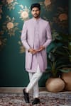 Buy_Arihant Rai Sinha_Purple Silk, Cotton Embroidery Jaali Bloom Layered Sherwani And Aligadhi Pant _at_Aza_Fashions