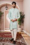 Buy_Arihant Rai Sinha_Green Silk Embroidery, Sequins Geometric Sherwani And Aligadhi Pant _at_Aza_Fashions