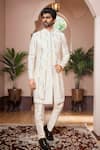 Shop_Arihant Rai Sinha_Cream Silk, Faux Leather Sequins, Embroidery Leaf Sherwani Set_at_Aza_Fashions