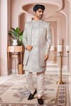 Buy_Arihant Rai Sinha_Gray Silk Sequins, Embroidery Mughal Sherwani Set _at_Aza_Fashions