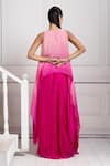 Shop_Smriti By Anju Agarwal_Pink Chiffon Applique Round Neck Ombre Top And Pleated Flared Pant Set _at_Aza_Fashions