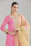 Naintara Bajaj_Pink Velvet, Linen, Chiffon Zari, Gota Patti, Leaf Embroidered Kurta Set _at_Aza_Fashions