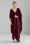 Buy_Samyukta Singhania_Maroon Velvet Embroidery Paisley V Neck Kurta Set _at_Aza_Fashions