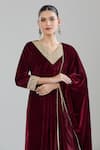 Buy_Samyukta Singhania_Maroon Velvet Embroidery Paisley V Neck Kurta Set _Online_at_Aza_Fashions
