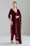 Shop_Samyukta Singhania_Maroon Velvet Embroidery Paisley V Neck Kurta Set _Online_at_Aza_Fashions