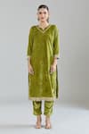 Naintara Bajaj_Green Velvet, Linen Gota Patti, Sequins, Zari Split Embroidered Kurta Set _Online_at_Aza_Fashions