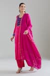 Naintara Bajaj_Pink Velvet Gota Patti, Embroidery Round Neck Floral Kurta Set _Online_at_Aza_Fashions