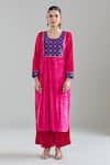 Shop_Naintara Bajaj_Pink Velvet Gota Patti, Embroidery Round Neck Floral Kurta Set _Online_at_Aza_Fashions