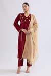 Samyukta Singhania_Maroon Velvet Zari V-neck Floral Embroidered Kurta Set _Online_at_Aza_Fashions