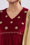 Buy_Samyukta Singhania_Maroon Velvet Zari V-neck Floral Embroidered Kurta Set _Online_at_Aza_Fashions