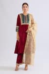 Buy_Naintara Bajaj_Maroon Velvet, Net Embroidery, Zari Collared Geometric Kurta Set _at_Aza_Fashions