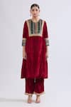 Naintara Bajaj_Maroon Velvet, Net Embroidery, Zari Collared Geometric Kurta Set _Online_at_Aza_Fashions