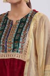 Naintara Bajaj_Maroon Velvet, Net Embroidery, Zari Collared Geometric Kurta Set _at_Aza_Fashions
