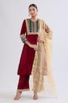 Shop_Naintara Bajaj_Maroon Velvet, Net Embroidery, Zari Collared Geometric Kurta Set 