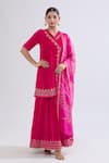 Buy_Naintara Bajaj_Pink Velvet Embroidery V-neck Floral Angarkha Set _Online_at_Aza_Fashions