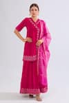 Buy_Naintara Bajaj_Pink Velvet Embroidery V-neck Floral Angarkha Set _at_Aza_Fashions