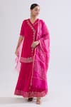 Shop_Naintara Bajaj_Pink Velvet Embroidery V-neck Floral Angarkha Set _Online_at_Aza_Fashions