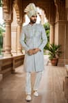 Buy_Arihant Rai Sinha_Off White Denim, Silk Cut Work, Sequins, Floral Embroidered Grey Sherwani Set _Online_at_Aza_Fashions