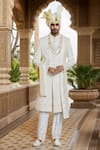 Buy_Arihant Rai Sinha_Off White Chanderi Silk, Silk, Faux Leather Cut Work, Cream Sherwani Set _at_Aza_Fashions