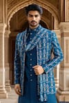 Arihant Rai Sinha_Blue Silk, Faux Leather Cut Work, Embroidery, Sequins, Beads Floral Jacket Set _Online_at_Aza_Fashions