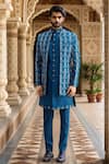 Shop_Arihant Rai Sinha_Blue Silk, Faux Leather Cut Work, Embroidery, Sequins, Beads Floral Jacket Set _at_Aza_Fashions