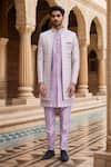 Arihant Rai Sinha_Purple Silk, Faux Leather, Denim Zari Embroidered Jacket Sherwani Set _Online_at_Aza_Fashions