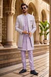Buy_Arihant Rai Sinha_Purple Silk, Faux Leather, Denim Zari Embroidered Jacket Sherwani Set _at_Aza_Fashions