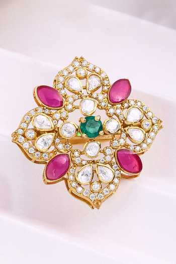 Shop_Kicky & Perky_Gold Plated Stones Floral Cutwork Ring _at_Aza_Fashions