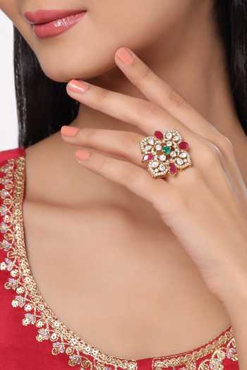 Buy_Kicky & Perky_Gold Plated Stones Floral Cutwork Ring _at_Aza_Fashions