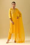 Buy Samyukta Singhania Yellow Chanderi Cut Work, Sequins V-neck Botanical Embroidered Kurta Set at Aza Fashions Buy_Samyukta Singhania_Yellow Chanderi Cut Work, Sequins V-neck Botanical Embroidered Kurta Set_at_Aza_Fashions
