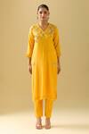 Buy Samyukta Singhania Yellow Chanderi Cut Work, Sequins V-neck Botanical Embroidered Kurta Set Online at Aza Fashions Buy_Samyukta Singhania_Yellow Chanderi Cut Work, Sequins V-neck Botanical Embroidered Kurta Set_Online_at_Aza_Fashions
