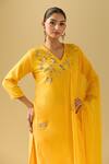 Samyukta Singhania Yellow Chanderi Cut Work, Sequins V-neck Botanical Embroidered Kurta Set at Aza Fashions Samyukta Singhania_Yellow Chanderi Cut Work, Sequins V-neck Botanical Embroidered Kurta Set_at_Aza_Fashions