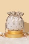 Shop_AMYRA_Beige Crochet Zari Crystal Tassel Potli Bag _at_Aza_Fashions