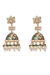 Shop_MINAKI_Green Pearls, Stones, Metallic Thread, Zari Kundan Meenakari Jhumkas With Drops _at_Aza_Fashions