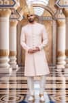 Shop_Arihant Rai Sinha_Peach Chanderi, Silk Embroidery, Sequins Ditsy Blossom Sherwani And Churidar _at_Aza_Fashions