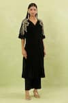 Buy_Samyukta Singhania_Black Velvet Sequins, Cut Work V-neck Embellished Kurta Set _at_Aza_Fashions