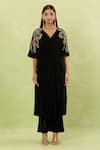 Buy_Samyukta Singhania_Black Velvet Sequins, Cut Work V-neck Embellished Kurta Set _Online_at_Aza_Fashions