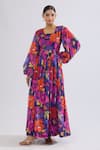 Buy_Samyukta Singhania_Multi Color Georgette, Crepe Square Neck Floral Print Maxi Dress 