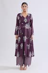 Shop_Naintara Bajaj_Purple Muslin Embroidery V-neck Floral Print Angarkha Kurta Set _Online_at_Aza_Fashions